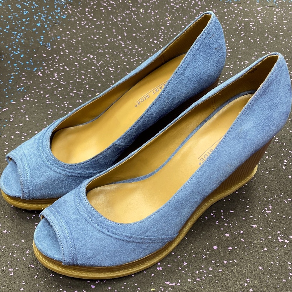 New Lower East Side Blue Suede Peep Hole Wood Wedges size 8